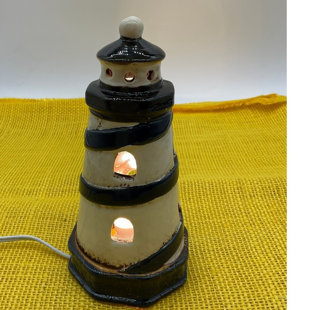 Lighthouse Accent Lamp Cream Navy Blue‎ Nautical Night Light Decor